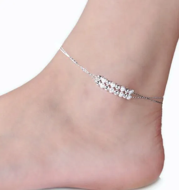 Mode 925 sterling silver anklets för kvinnor damer tjejer unika fina sexiga enkla pärlor silver kedja anklet fotled fot smycken gåva bröllop