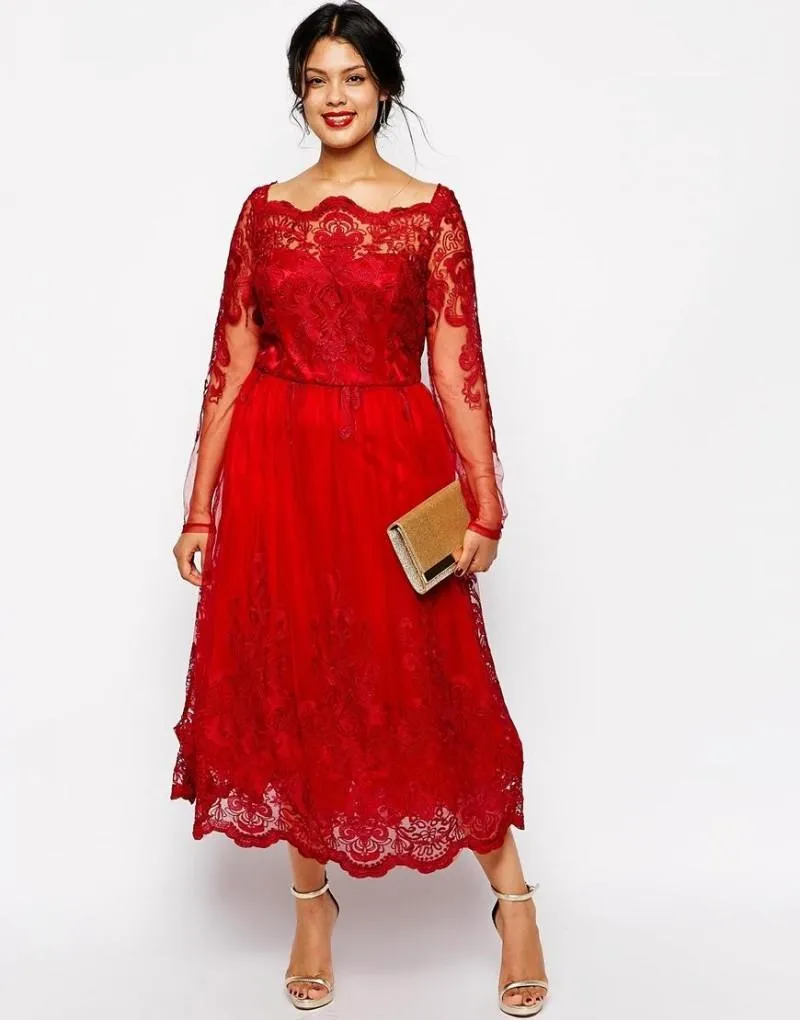 멋진 빨간 플러스 사이즈 이브닝 드레스 슬리브 스퀘어 네크 라인 레이스 아플리케이드 Aline 댄스