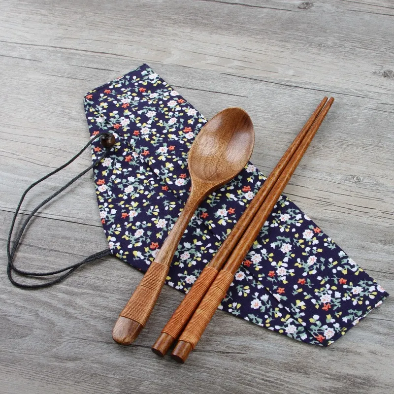 Draagbare Reizen Outdoor Natuurlijke Houten Hop Sticks Thee Lepels Servies Servies Vintage Tas Dining Sushi Tool LZ1490