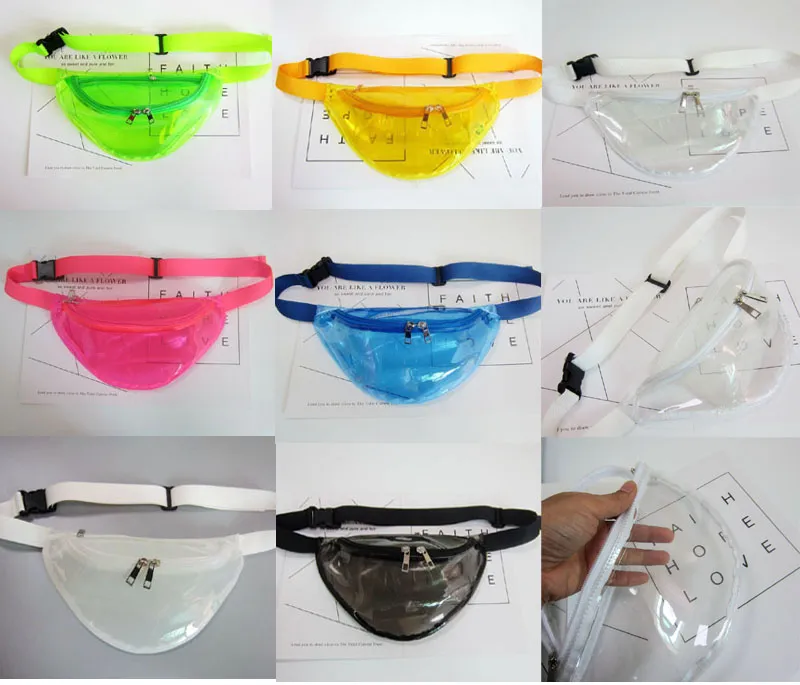 50pcs PVC Candy Candy Mulheres transparentes Pacotes unissex fanny saco saco de peito viagens ao ar livre