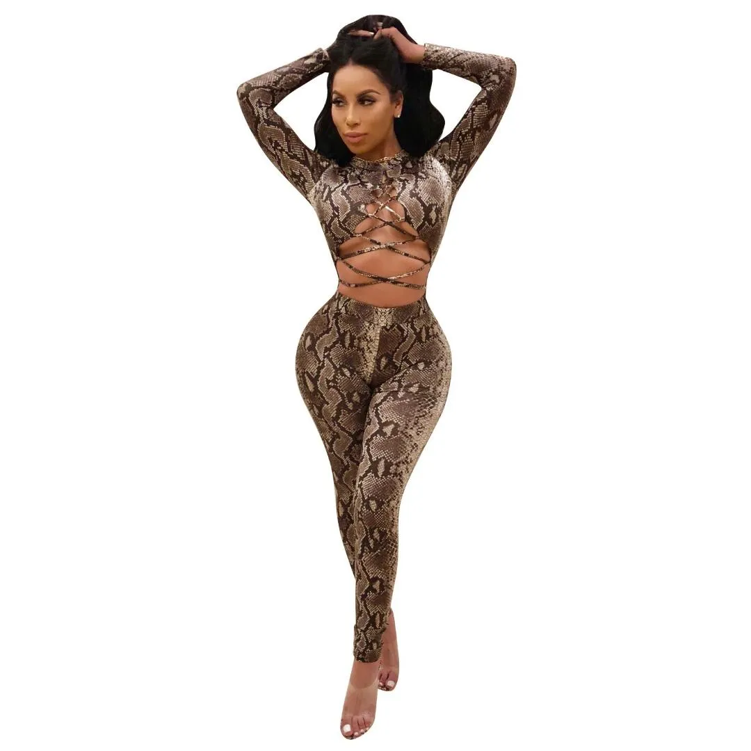 Women Snakeskin Grain Print Bodycon Bandage Jumpsuit Cross Sexy Hollow Long Sleeve Rompers Nightclub Party Overalls