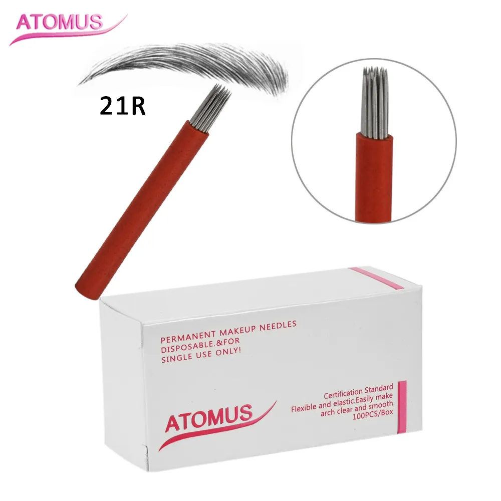 Microblading Round Needles 21R 100 Pcs Agulhas Tebori Tattoo Eyebrow Permanent Makeup Needles Blade Maquiagem Red Plastic Tube