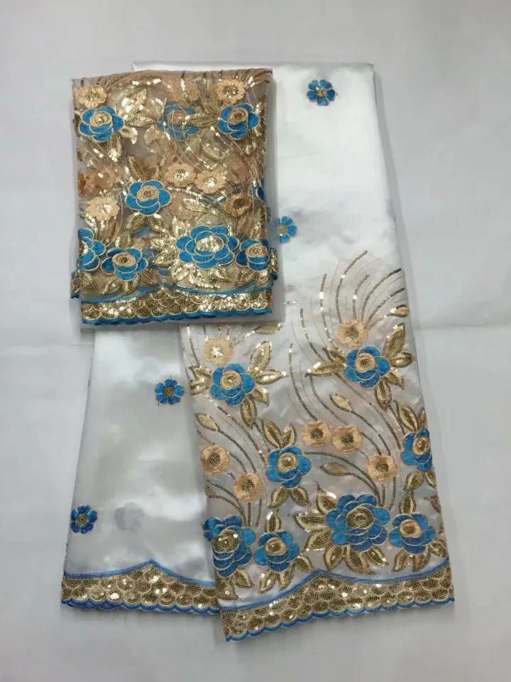 5 metros de moda azul royal africano George tecido de renda com lantejoulas de ouro projeto da flor e 2 jardas de renda líquida para roupas JG19-2