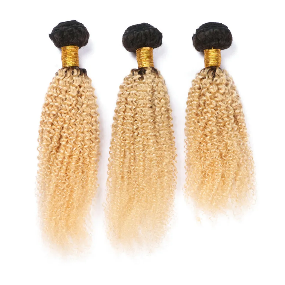 Afro Kinky Blonde Human Hair Bundles 3st / Brasilianska Virgin Hair Weaves 1B 613 Blond Two Tone Kinky Curly Dark Roots Hårbuntar