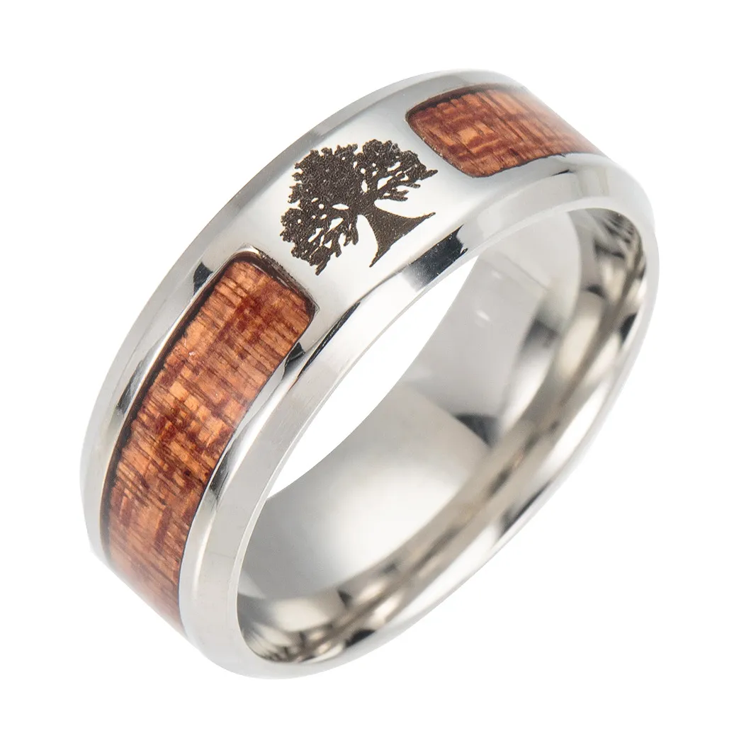 Hot aço inoxidável anel de jóias por atacado incrustada de madeira Acacia meia anel criativo boutique personalidade anel local