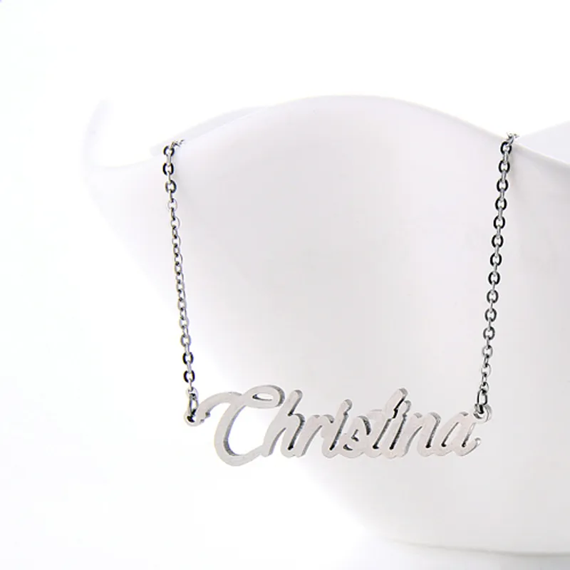 Christina Namensschild-Anhänger, individuelle Namenskette für Damen, personalisierte Charm-Halsketten aus Edelstahl, Gold- und Silberschrift, Buchstabe
