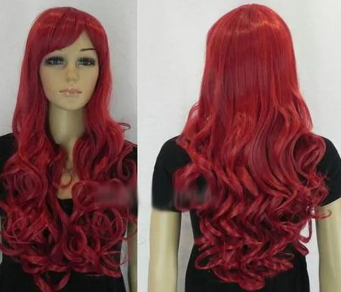 Горячая распродажа Новая мода Длинная ярко-красная вьющиеся вьющиеся женщины парики волос парики волос + шапка