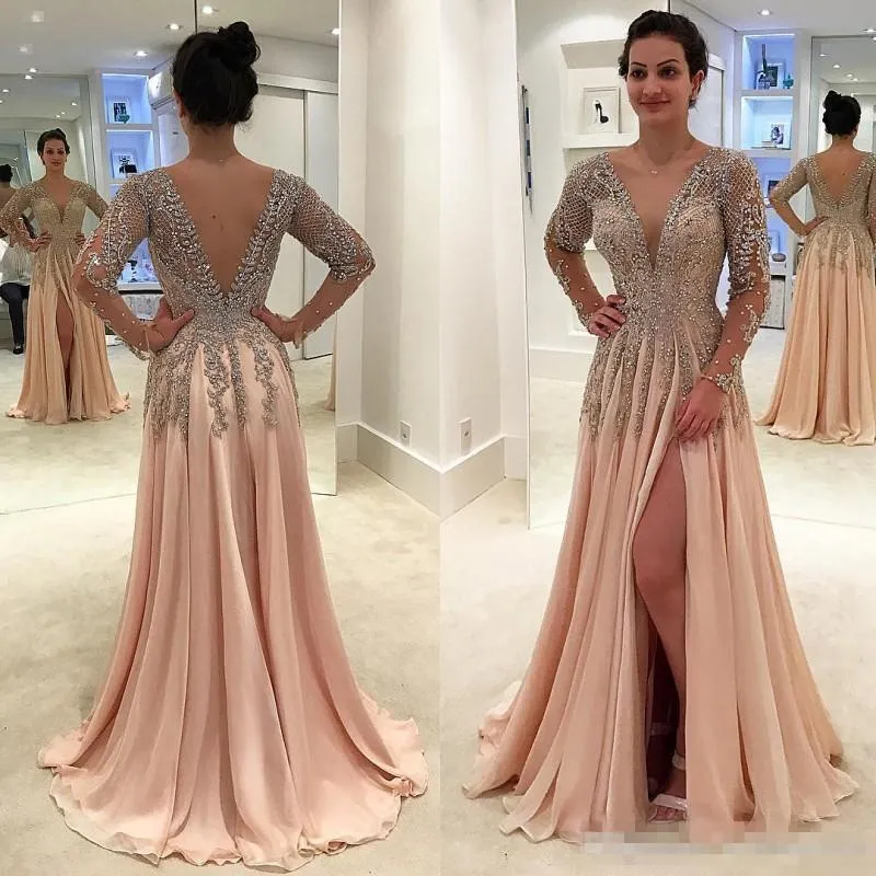 2020 New Sexy Bling Evening Dresses V Neck Long Sleeves Crystal Beading Champagne Chiffon Side Split Open Back Evening Gowns Party Dress