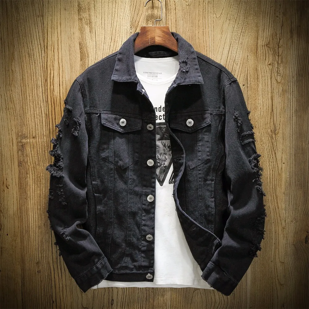 New Fashion Denim Jacket Men Ripped Holes Mens Pink Jean Jackets New 2018 Garment Washed Mens Denim Coat