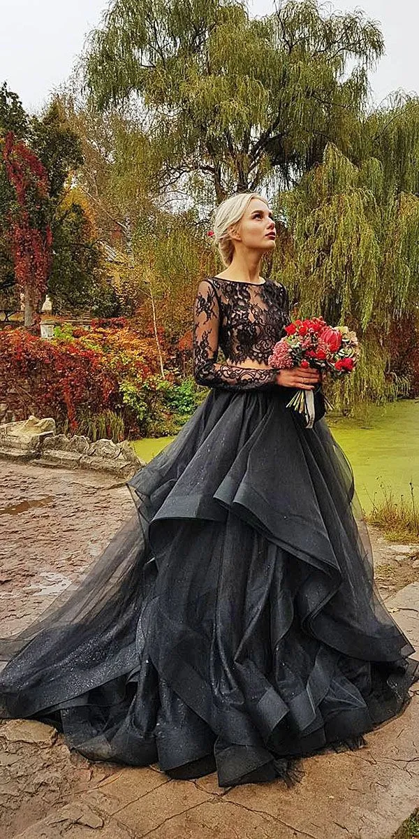 2 peças Gótico preto vestidos de noiva coloridos com cor ilusão de renda top ruffles organza saia boho vestidos de casamento preto couture