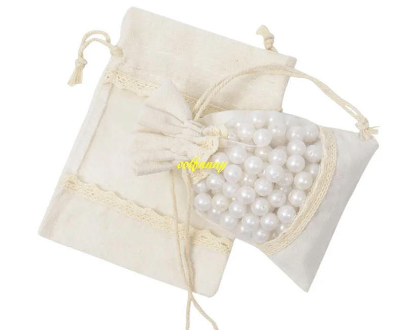 10*14 cm Transparent PVC fenêtre dentelle cordon pochette bijoux perles sac de rangement coton toile de jute cadeau sacs pour mariage