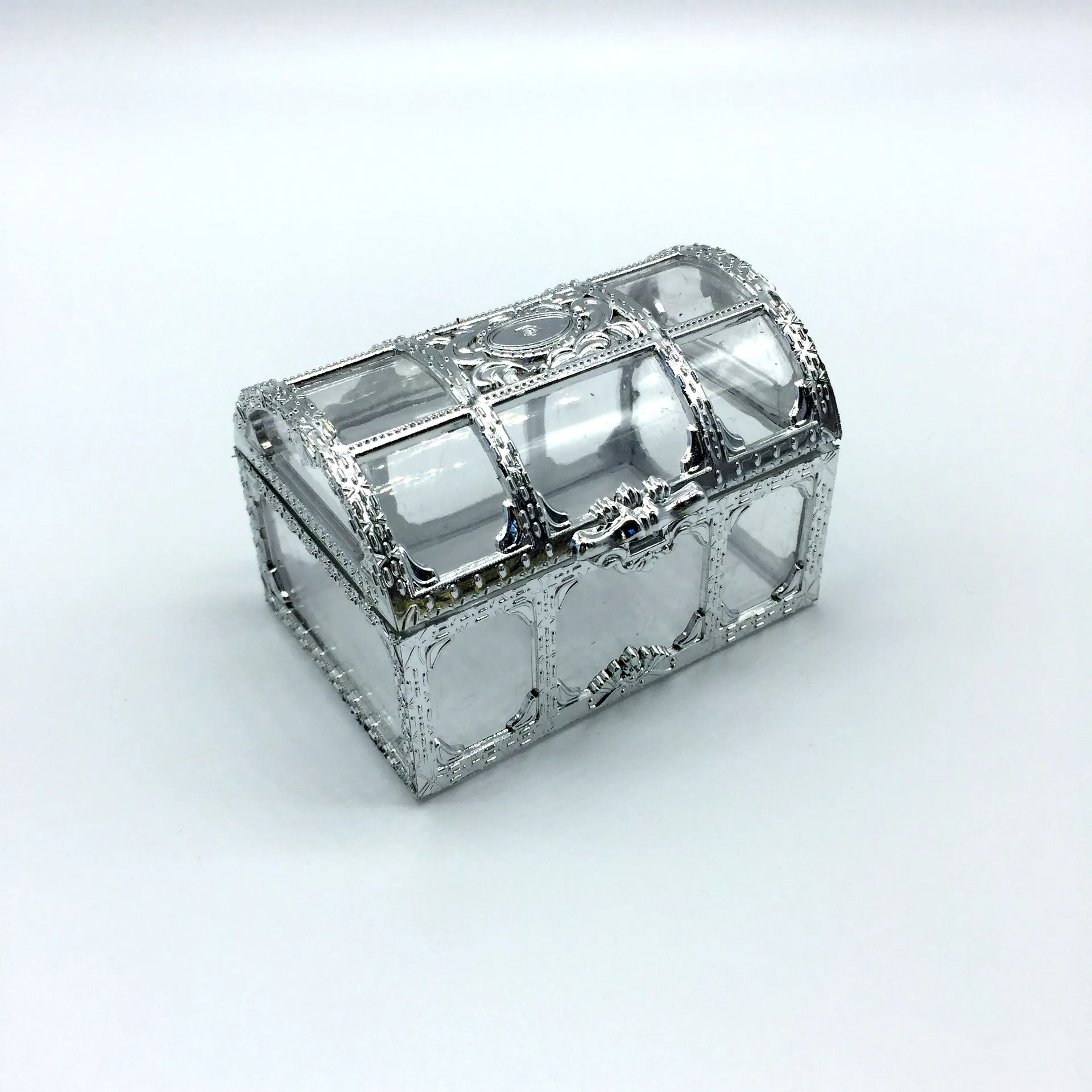 100pcs Free shipping top grade golden silvery transparent plastic treasure chest wedding candy box gift boxes lin3736
