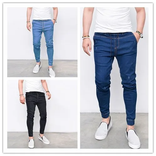 Men Elastic Waist Jeans Spring Casual Black Denim Blue Jeans Pants Slim Fit Long Trouser
