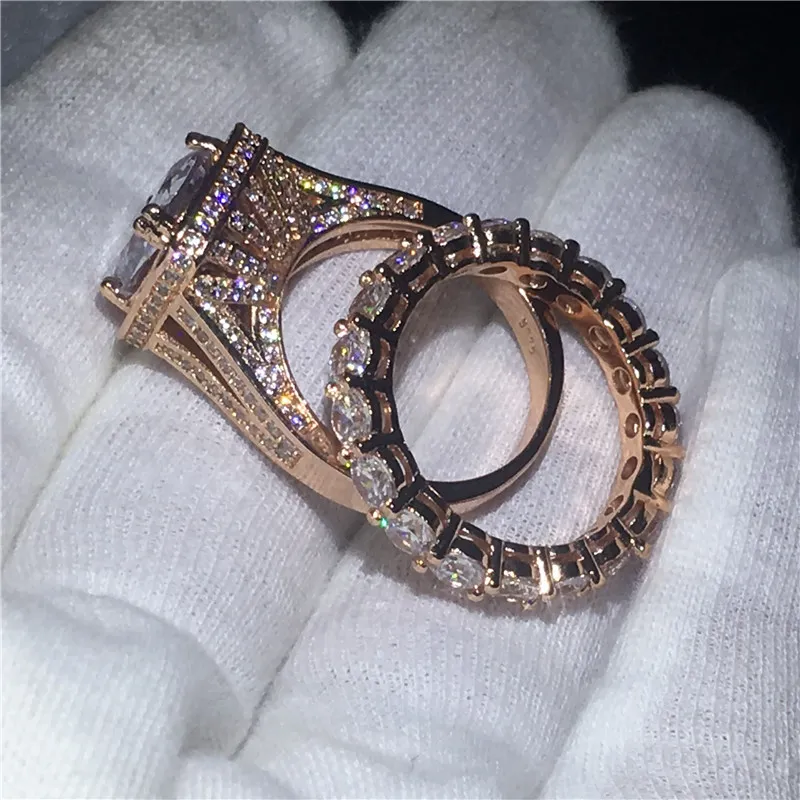 Luxury Lovers ring set 8ct Clear Diamond Cz розовое золото заполнено 925 серебряное обручальное кольцо кольца для женщин мужчины партия ювелирных изделий
