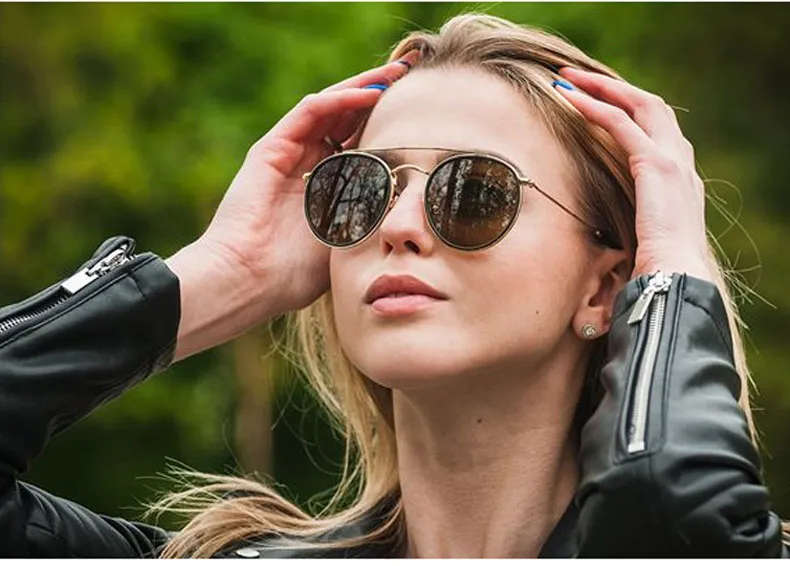 Hochwertige runde Sonnenbrille für Männer Frauen Legierung Rahmen Spiegelte UV400 -Objektiv Doppelbrücke Retro Eyewear mit braunen Fällen und 9619535