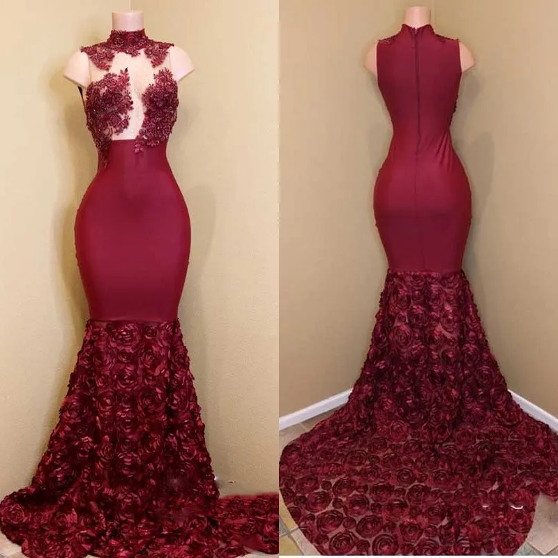 Escuro-Vermelho 3D Rose Flor Vestidos de Baile Sexy Alta Pescoço Rendas Apliques Sereia Longo Prom Vestido Custom Made 2018 Vestido de Noite Africano