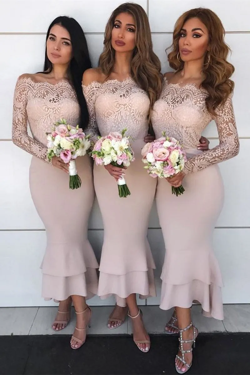 Abiti da damigella d'onore 2020 Blush Pink Country Off spalla Beach Wedding Party Guest Abiti arabo Junior damigella d'onore abito maniche lunghe