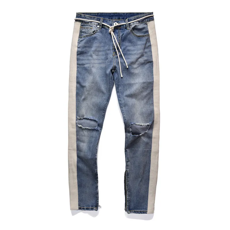 New Mens Hip Hop Ripped Jeans 2018 Destroyed Hole Skinny Biker Jeans White Stripe Stitching Zipper Decorated Black Light Blue Denim Pants 7 583 DHgate