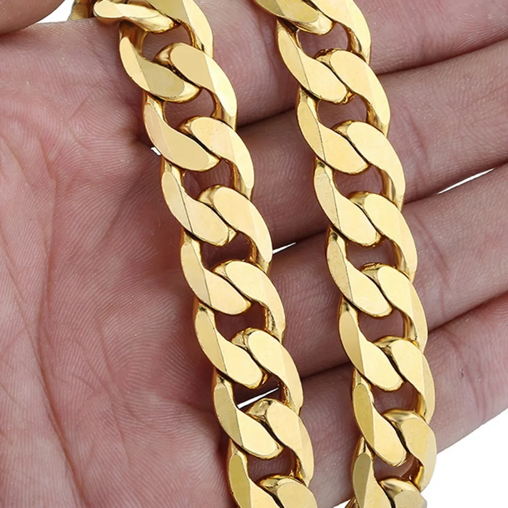 Chunky tunga mens halsband kedja solida curb smycken 18k gul guld fylld klassisk stil mens smycken tillbehör 24 inches, 12mm bred