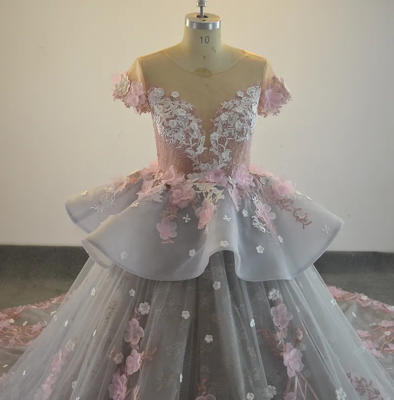 Плюс размер Красивые A-Line Кружева Тюль Свадебные платья Иллюзия декольте Аппликация Elegnat Люкс Свадебные платья сшитое Часовня Поезд
