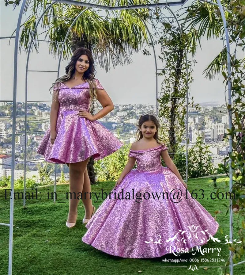 2020 Purple Off Shoulder Sequined Ball Gowns for Mother Daughter Plus Size Family Matching Prom Dresses