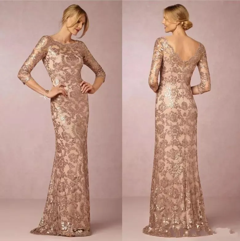 2020 New Bling Rose Gold Sequined Mother of the Bride Dresses Jewel Lace Appliques V Back Evening Party Dress Formal Wedding Guest Gowns