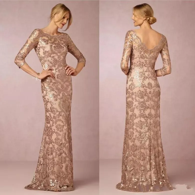 Rose New Bling Gold Lades Mother of the Bride Dresses Jewel Lace Appliques V Back Evening Feestjurk Formele bruiloft Guestjurken