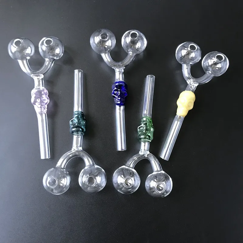 Wholesale Double Tube Pyrex Glass Pipe Skull Oil Burner Pipes MIni Hand Smoking Pipe Recycler Oil Rig With Two Bowl Free DHL