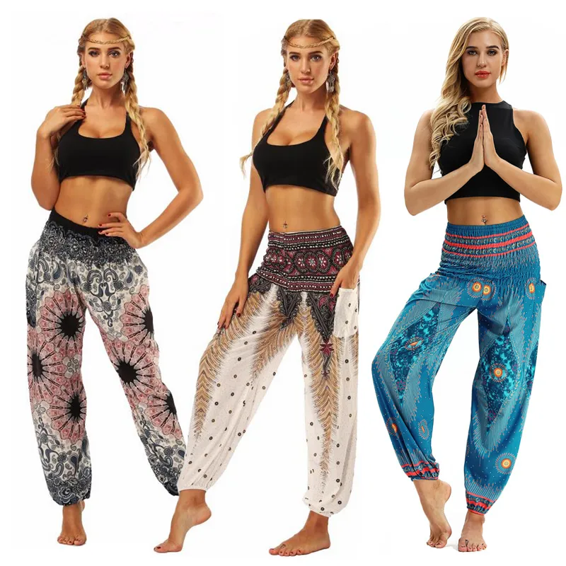 Yoga Pant Women Loose Plus fours Lantern Sport Yoga Pants Ethnic style Elastic Dancing Pant Fit High Waist Beach Trousers Drop Shipping