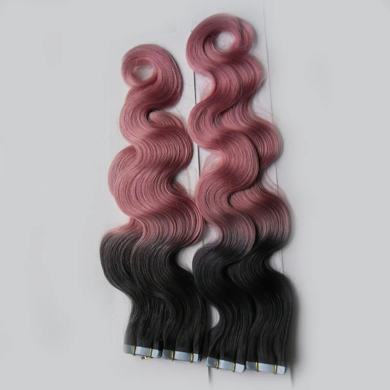 T1B/Pink Color Tape In Human Hair Extensions Machine Made Remy Brazilian Body Wave Hair 200G Ombre Skin Weft Hair Extensions