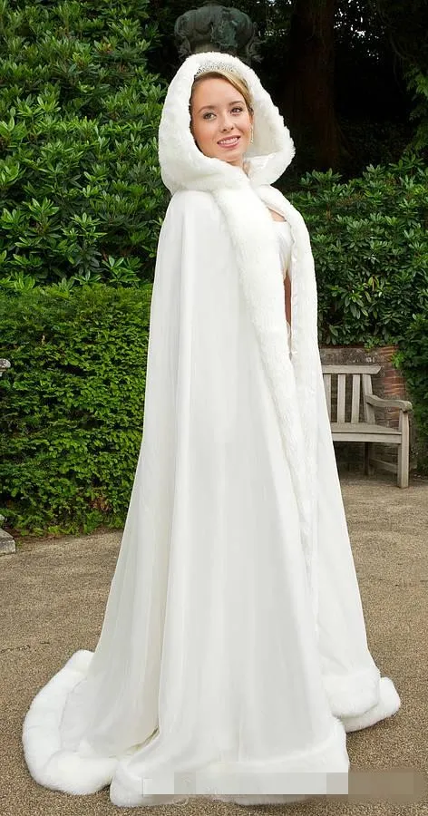Vintage Winter Bridal Sjaal Wrapswinter Witte Bruiloft Cloak Cape Hooded met Bont Trim Lange Bruidskleding Avondfeest Bruids Wraps 17