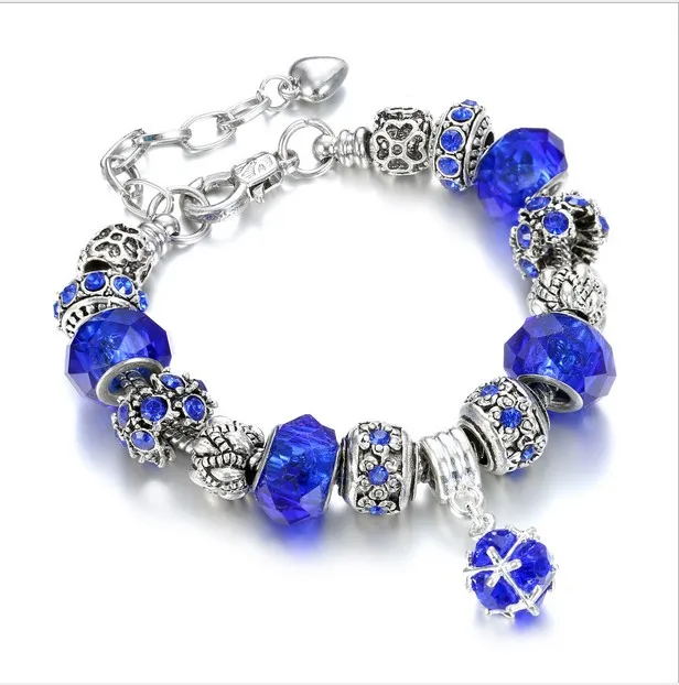 925 Sterling Silver Bead Charm Lake Blue Murano Glass Pärlor Crystal Fit European Pandora Charms Armband Säkerhetskedja Smycken DIY 18cm + 3cm