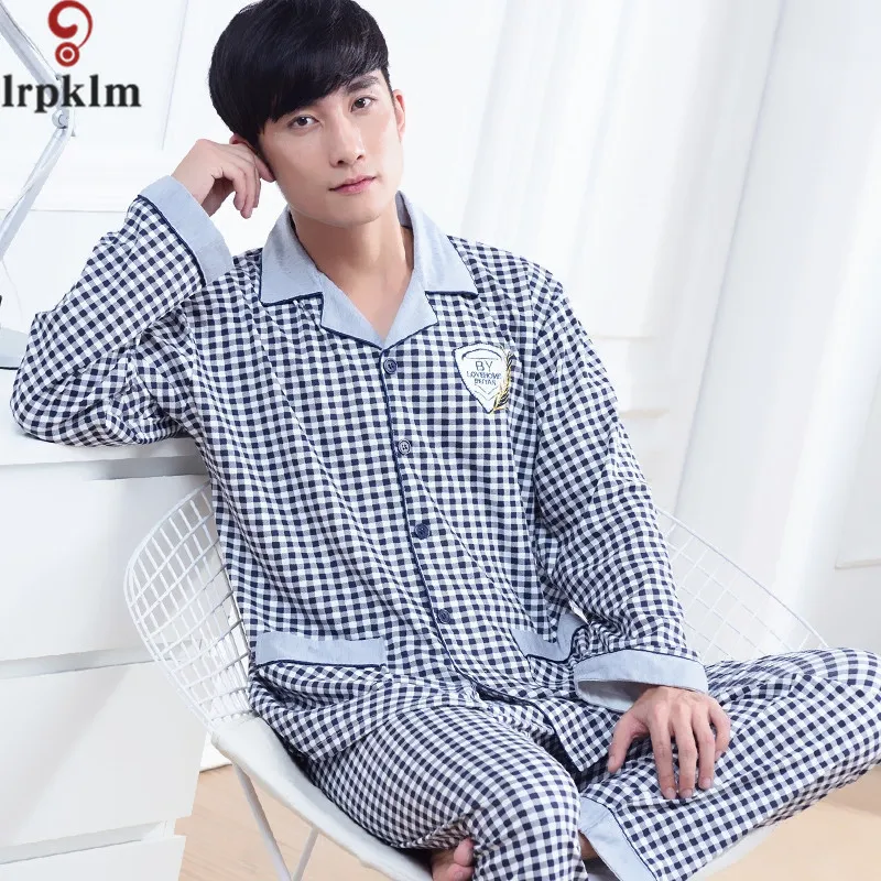 Men s Pajamas Spring Autumn Long Sleeve Sleepwear Cotton Plaid Cardigan Pyjamas Men Lounge Pajama Sets M 6XL Sleep SY728