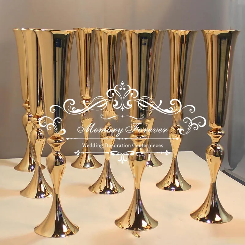 Décoration de mariage Gold Centerpiece Vases 75 cm Vase de fleur de haut Vase Argent Vase de trompette blanche pour arrangements de fleurs artificielles