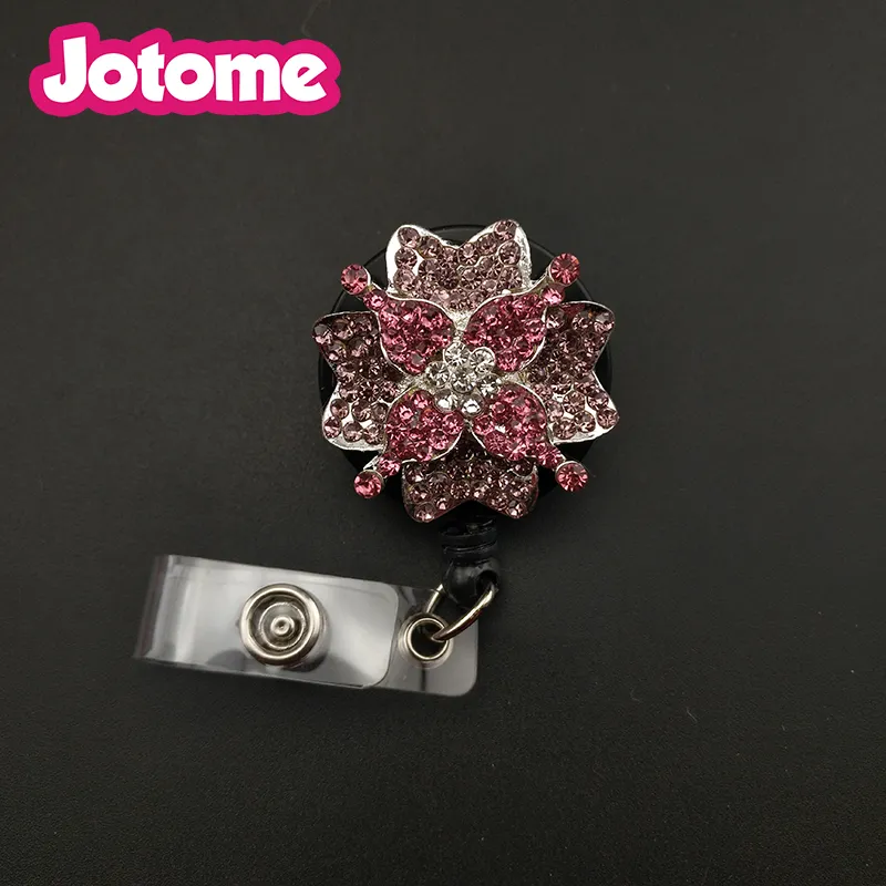 Spilla rosa e viola con strass a forma di fiore a pedale retrattile porta badge identificativo da 10 pz/lotto