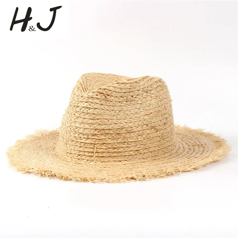 100% raffia halm sommar kvinnor strand sol hatt med tofs floppy wide brima panama sunbonnet för elegant dam
