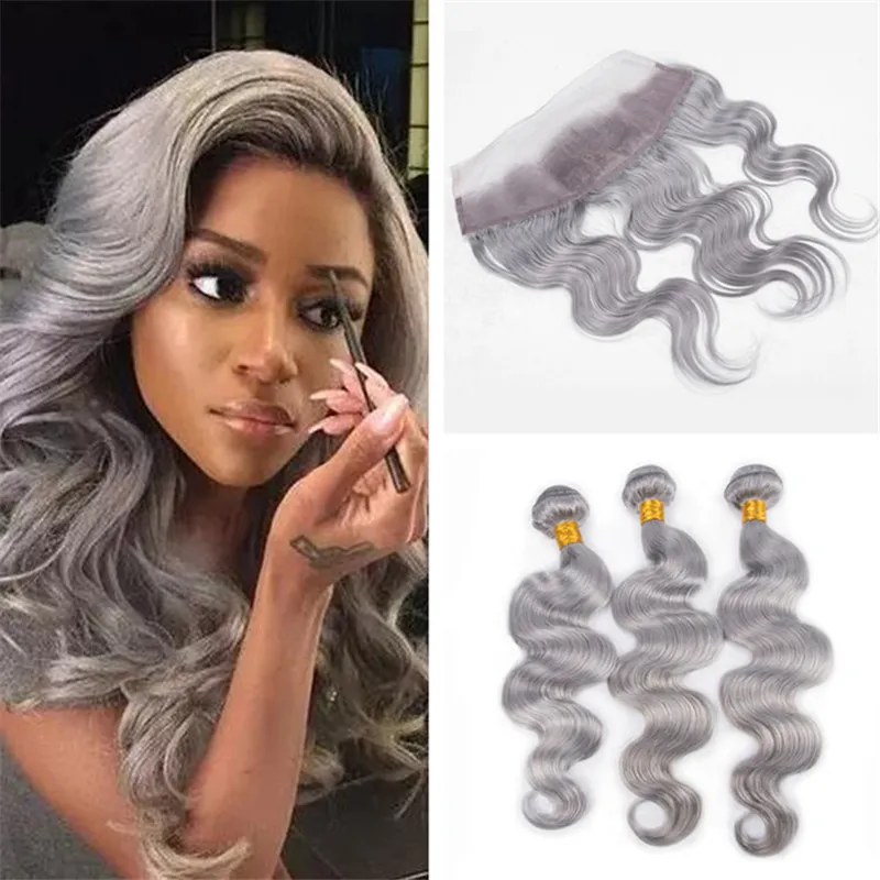 Silver Grey Lace Frontal Closure with Bundles Body Wave Wavy Gray Indian Human Hair Weaves Extensions and 13X4 Full Frontal Silver Grey Lace Frontal Closure with Bundles Body Wave Wavy Gray Indian Human Hair Weaves Extensions and 13X4 Full Frontal