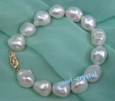 BRACELET EN PERLES BLANCHES NATURELLES 12-13MM MER DU SUD VERITABLE baroque FERMOIR EN OR 14K