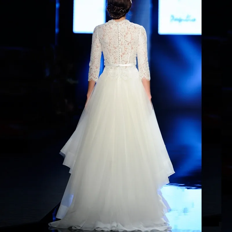 Vintage Ivory Lace High Neck Wedding Dress with Sheer High Neck and 3/4 Sleeves - Perfect for Beach or A-Line Bridal Gowns
