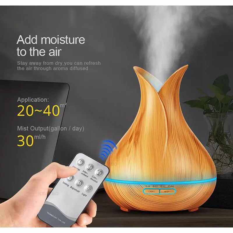 400ml LED Arom Essential Oljediffusor Air Freshener Ultraljud Luftfuktare Conditioners med träkorn 7 Färger Ändra LED-lampor för hemmakontor