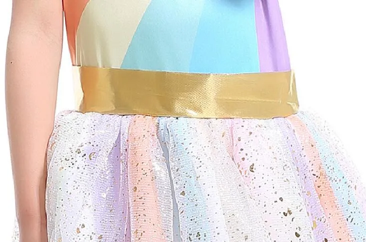 Abbigliamento cosplay bambini Neonate Unicorno Arcobaleno vestito bambini in pizzo Tutu abito da principessa Abiti con 1 fascia unicorno + 1 ali d'oro