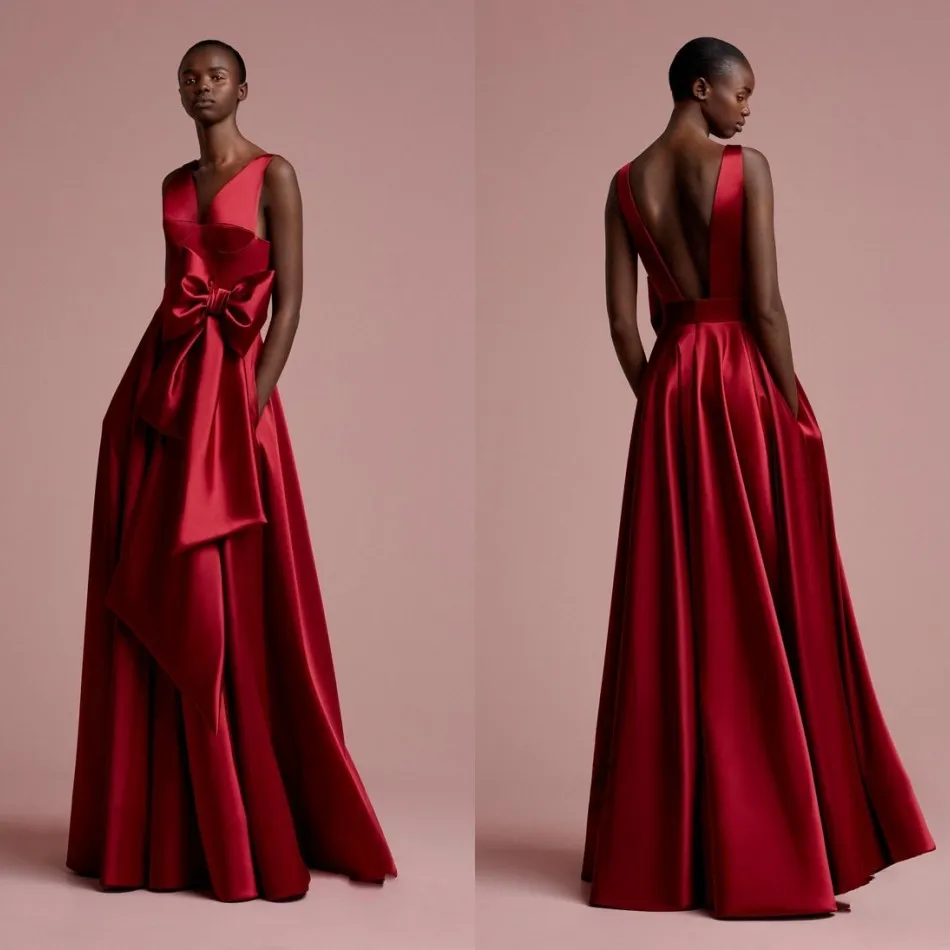 Aso Ebi Różowe Czerwone Długie Suknie Wieczorowe Kieszenie Nigerii Sexy Backless Suknie Wieczorowe 2018 Łuk głębokiego V-Neck African Formalna Sukienka Gonna