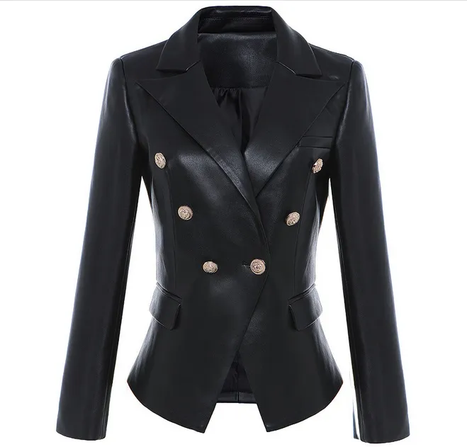 New Style Top Quality Original Design Women's Slim Classic Leather Blazer Jacket Metal Buckles Double-Breasted Black Motorcycle Jacket Coat