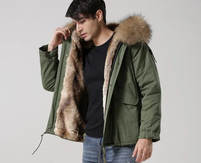 New Arrival Men Snow Kurtki Płaszcze Brown Raccoon Fur Trim Meifeng Marka Khaki Rabbit Fur Lining Army Green Canvas Mini Parkas