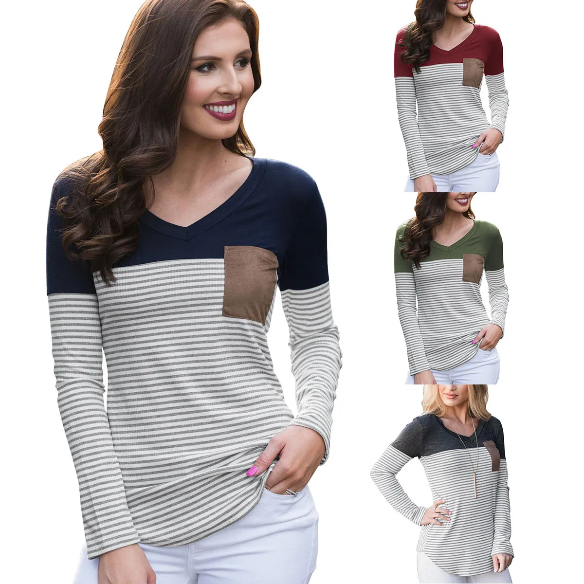 Kolor Block V-Neck Z Długim Rękawem Paski T-Shirt Topy Patched Pocket Women 2018 Jesień Najnowsza bluza Casual Luźna Bluzka Topy