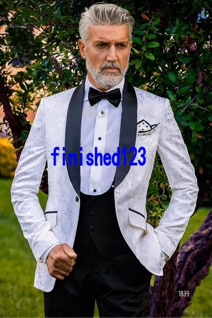 Popular Design Groom Tuxedos One Button White Shawl Lapel Groomsmen Best Man Suit Wedding Mens Suits (Jacket+Pants+Vest+Tie) J485