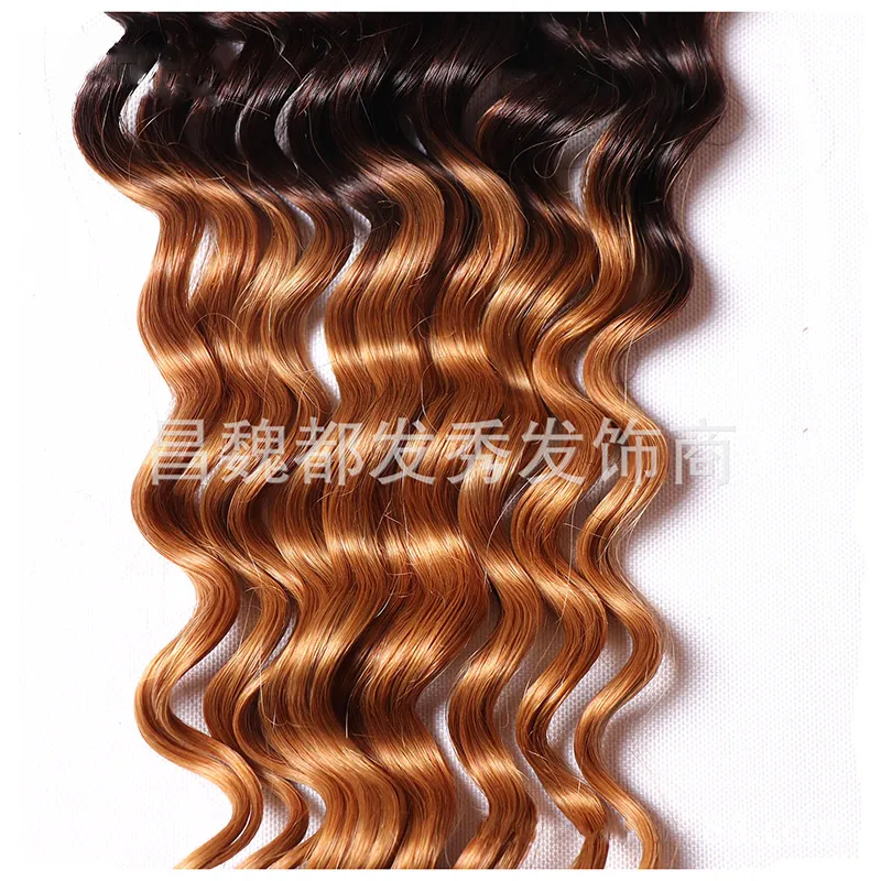 Olada profunda Cabello humano Ombre Weave 3 Bundles con 44 Cierre de encaje 1B427 Extensión de cabello rubio de miel marrón oscuro de tres tonos3370994