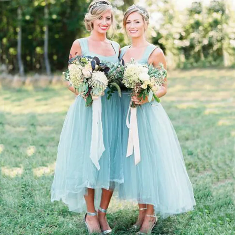 Robes de demoiselle d'honneur haut bas pays encolure dégagée sans manches perles taille jupe en tulle Salut Lo robes de soirée de mariage devant court long dos