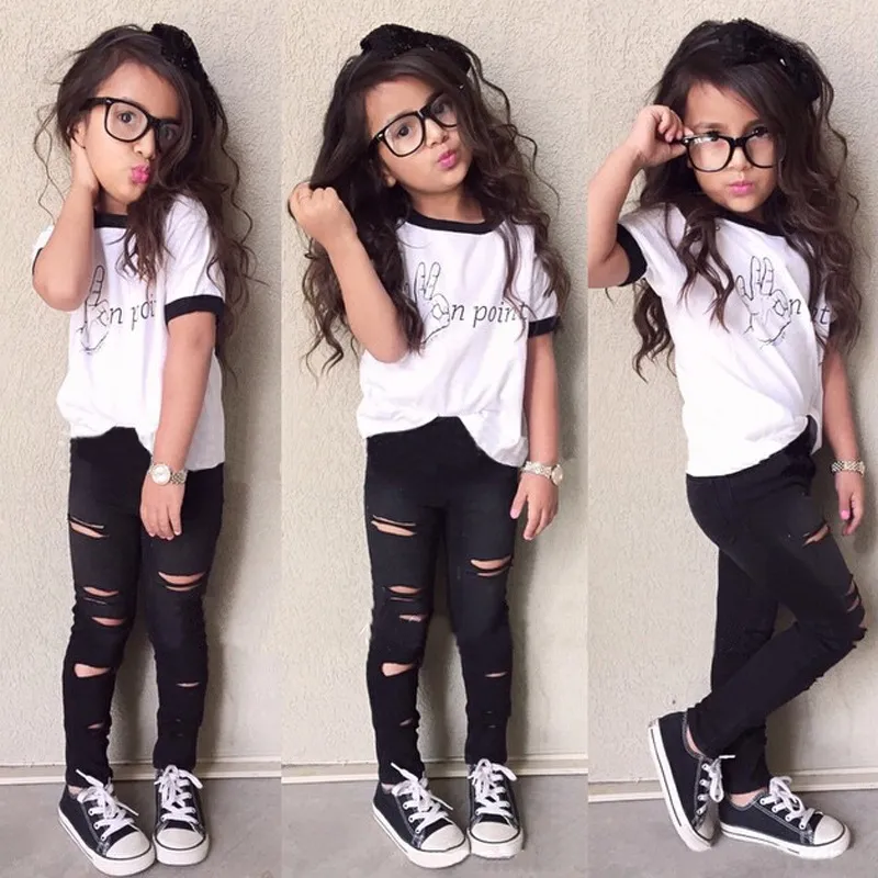 2018 Girls Children's Girls Clothing Letters Cotton T-shirts Hole Jeans 2Pcs Set Fashion Girl Kids Pants Suits Boutique Enfant Clothes