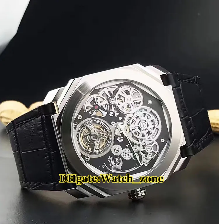 Octo Tourbillon Skeleton Black Dial 102719 Automatische Herenhorloge Zilveren Case Lederen Band Goedkope Nieuwe Hoogwaardige Horloges